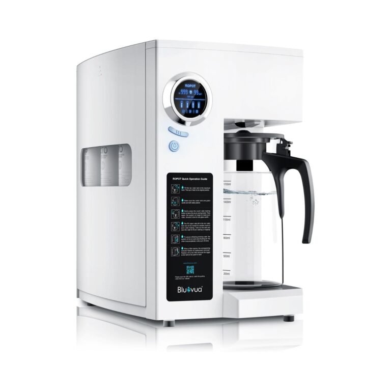 Ultimate Bluevua RO Water Purifier – 5-Stage RO + UV System for Pure & Safe Water 2 Bluevua RO Water Purifier white countertop reverse osmosis system with LED display, glass carafe with measurements, and UV purification