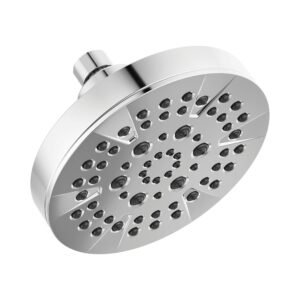 Chrome Delta 5-Spray Showerhead with adjustable spray settings showing water flow in a white tile bathroom