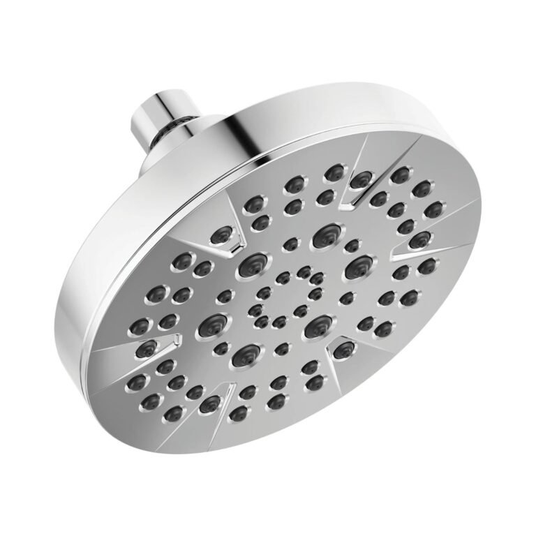 Efficient Delta 5-Spray Showerhead Review – Versatile, Durable & Easy to Clean 4 Chrome Delta 5-Spray Showerhead with adjustable spray settings showing water flow in a white tile bathroom
