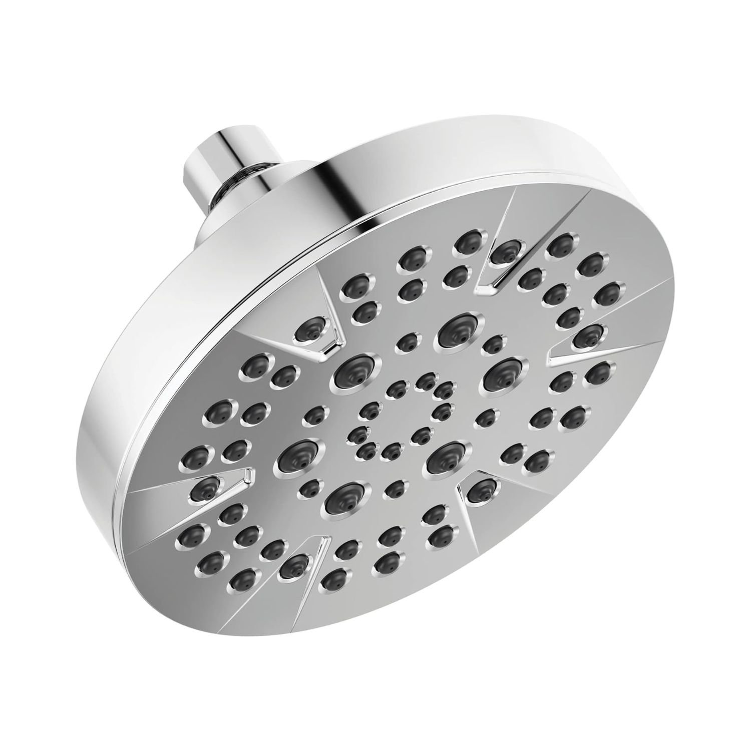 Chrome Delta 5-Spray Showerhead with adjustable spray settings showing water flow in a white tile bathroom