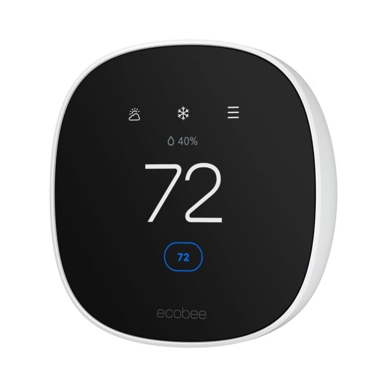 Smart ecobee SmartThermostat Essential – 5 Key Features for Programmable & Remote Sensor Control 4 ecobee SmartThermostat Essential with white frame showing black touchscreen display with 72° temperature and humidity reading