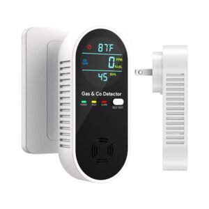 Smoke & Carbon Monoxide Detector in white with plug-in design, digital LCD display showing temperature, gas levels, humidity, and indicator lights