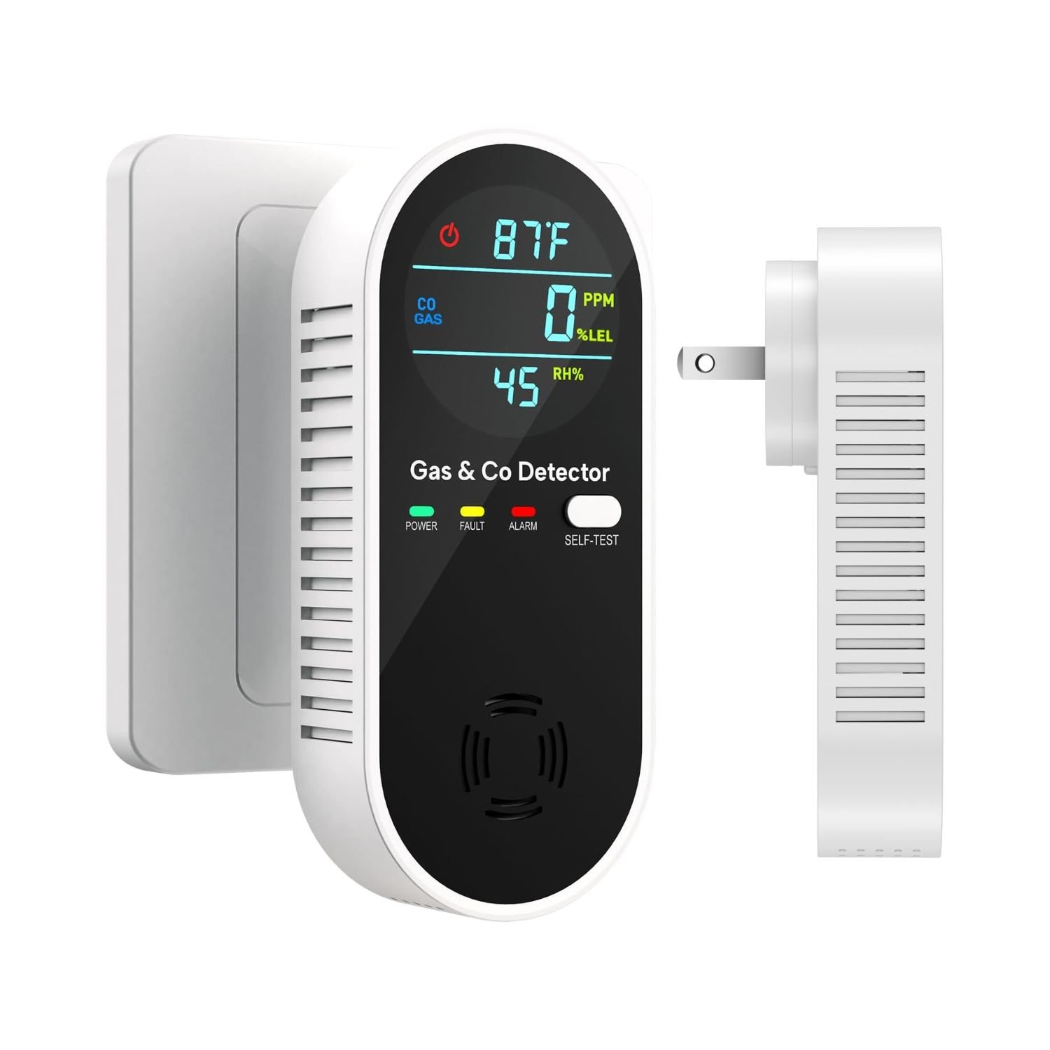 Smoke & Carbon Monoxide Detector in white with plug-in design, digital LCD display showing temperature, gas levels, humidity, and indicator lights