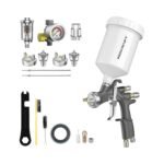 InoKraft D1 LVLP Spray Gun professional HVLP spray gun with white paint cup and complete accessory kit including nozzles, regulator, and cleaning tools