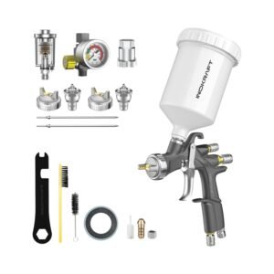 InoKraft D1 LVLP Spray Gun professional HVLP spray gun with white paint cup and complete accessory kit including nozzles, regulator, and cleaning tools