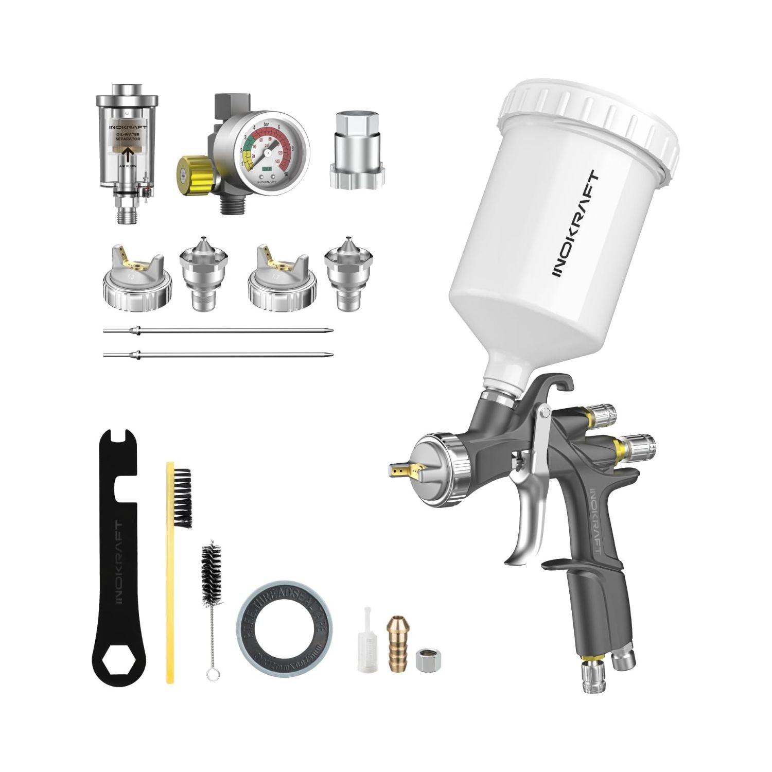 InoKraft D1 LVLP Spray Gun professional HVLP spray gun with white paint cup and complete accessory kit including nozzles, regulator, and cleaning tools