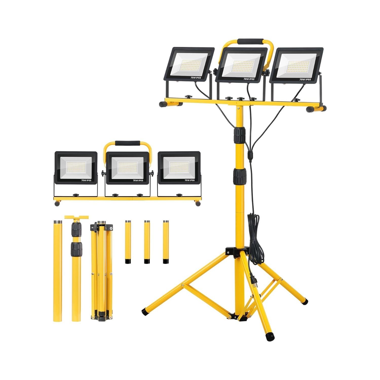 Powerful Zetunlo LED Work Lights – 21000 Lumen 3-Head Tripod & IP66 Waterproof 1 Zetunlo LED Work Lights yellow tripod stand with three LED floodlights and modular extension poles system for construction lighting