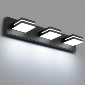 SineRise LED Vanity Light modern black fixture with three square LED lights providing bright white illumination on a gray wall