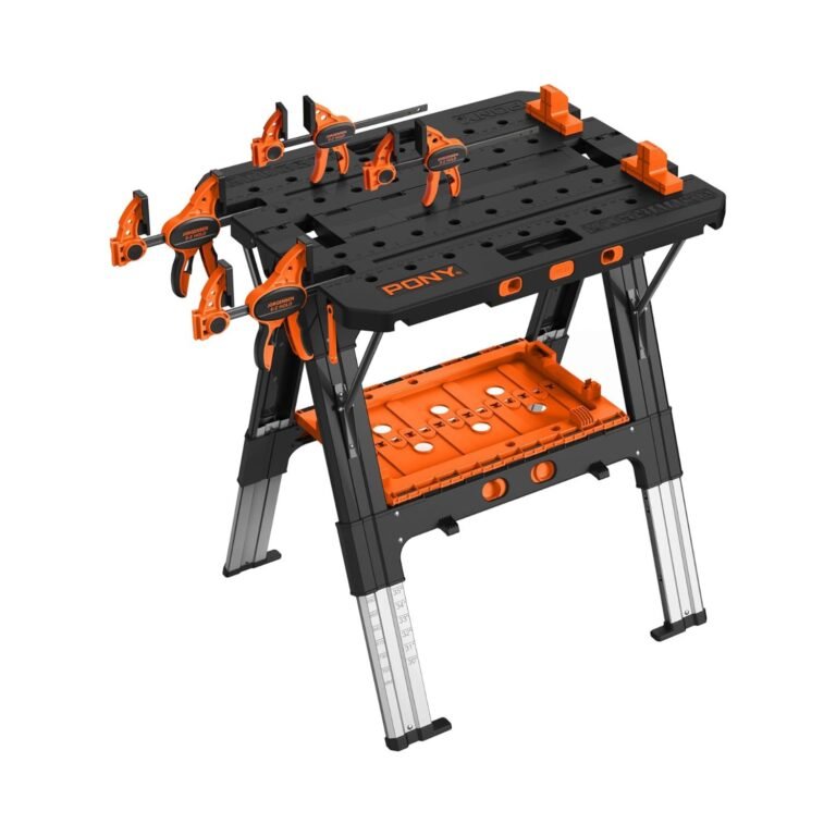 Product Reviews 3 ClamPony Portable Workbench black and orange folding workbench with four bar clamps, perforated surface, and collapsible metal legs