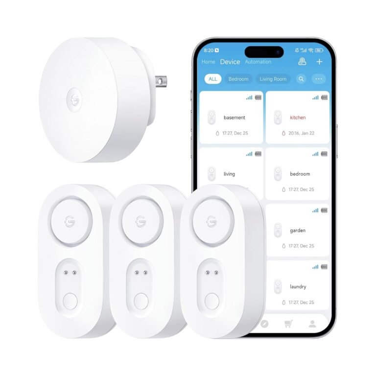 Reliable GoveeLife Smoke + CO Detector – 10-Year Battery & WiFi Alerts 2 GoveeLife Smoke + CO Detector with WiFi hub and three sensors showing smartphone monitoring app