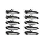 Sunco UFO LED High Bay Light set of ten black lights with hanging chains showing bright white illumination on yellow background