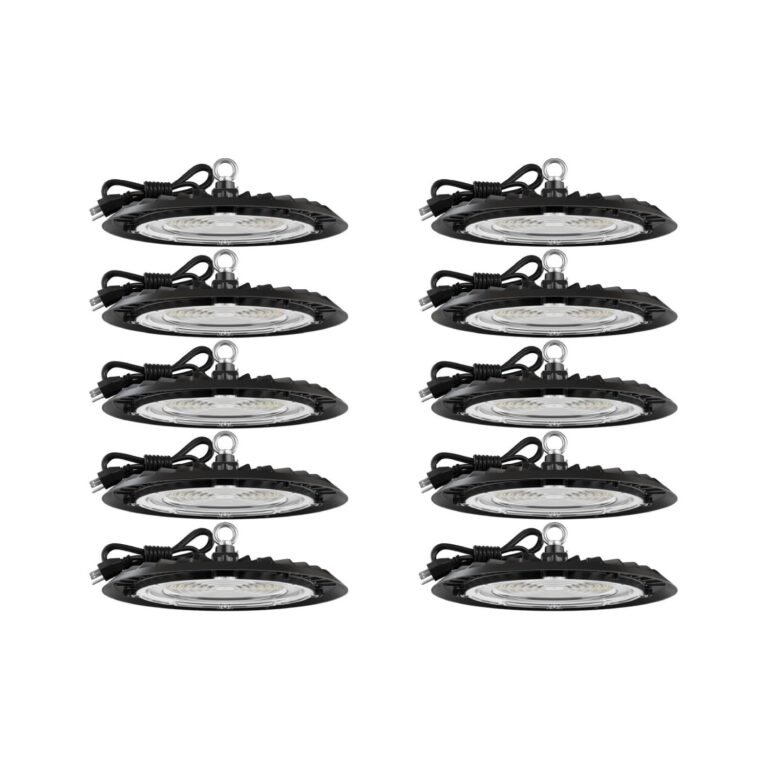 Powerful Sunco UFO LED High Bay Light – 10 Pack 150W & 19,500 Lumens 3 Sunco UFO LED High Bay Light set of ten black lights with hanging chains showing bright white illumination on yellow background
