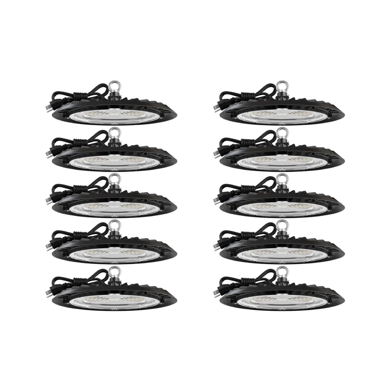 Sunco UFO LED High Bay Light set of ten black lights with hanging chains showing bright white illumination on yellow background