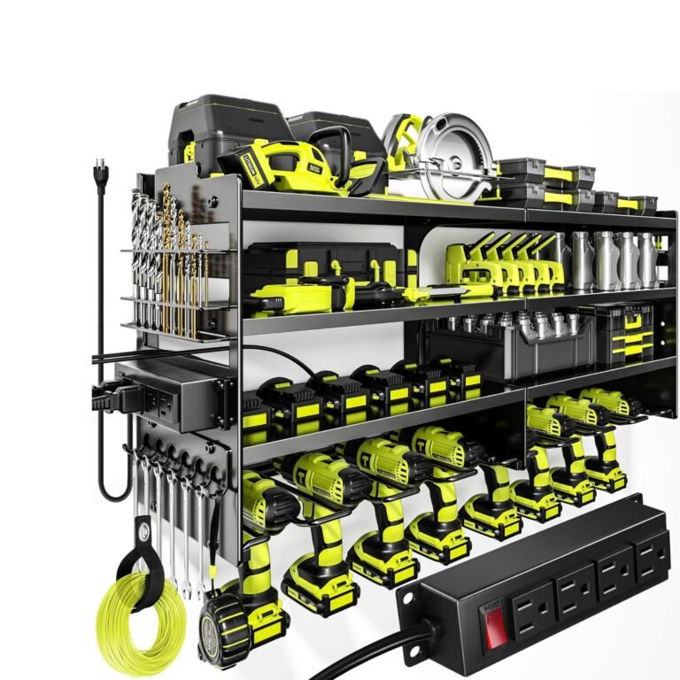 Ultimate POKIPO Organizer Charging Station – Charges 4 Devices & Non-Slip Base 6 POKIPO Organizer Charging Station black wall-mounted with multiple shelves holding yellow power tools, batteries, wrenches, and integrated charging station