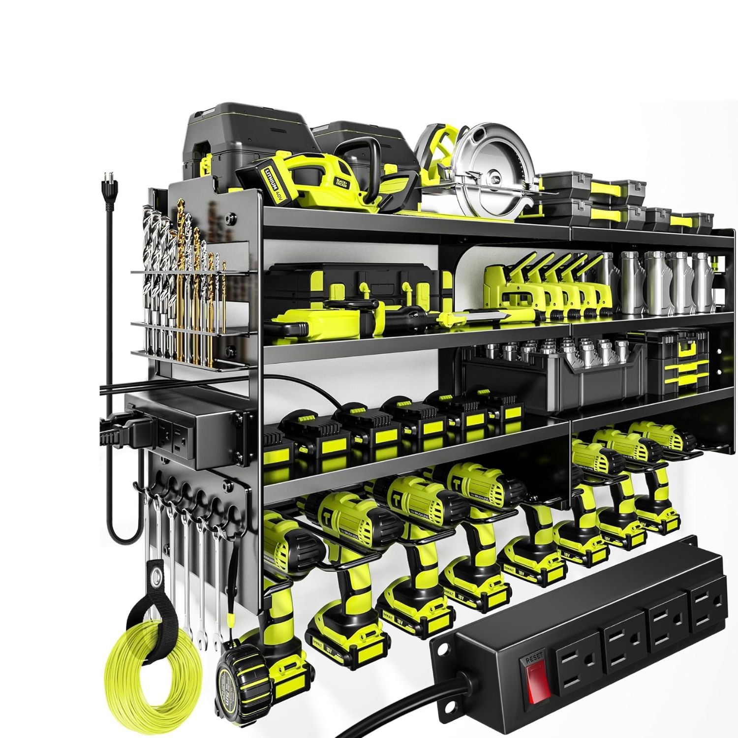 POKIPO Organizer Charging Station black wall-mounted with multiple shelves holding yellow power tools, batteries, wrenches, and integrated charging station