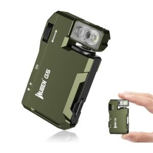 WUBEN Rechargeable Flashlight in military green with compact design, dual LED rotating head, shown in hand for size comparison