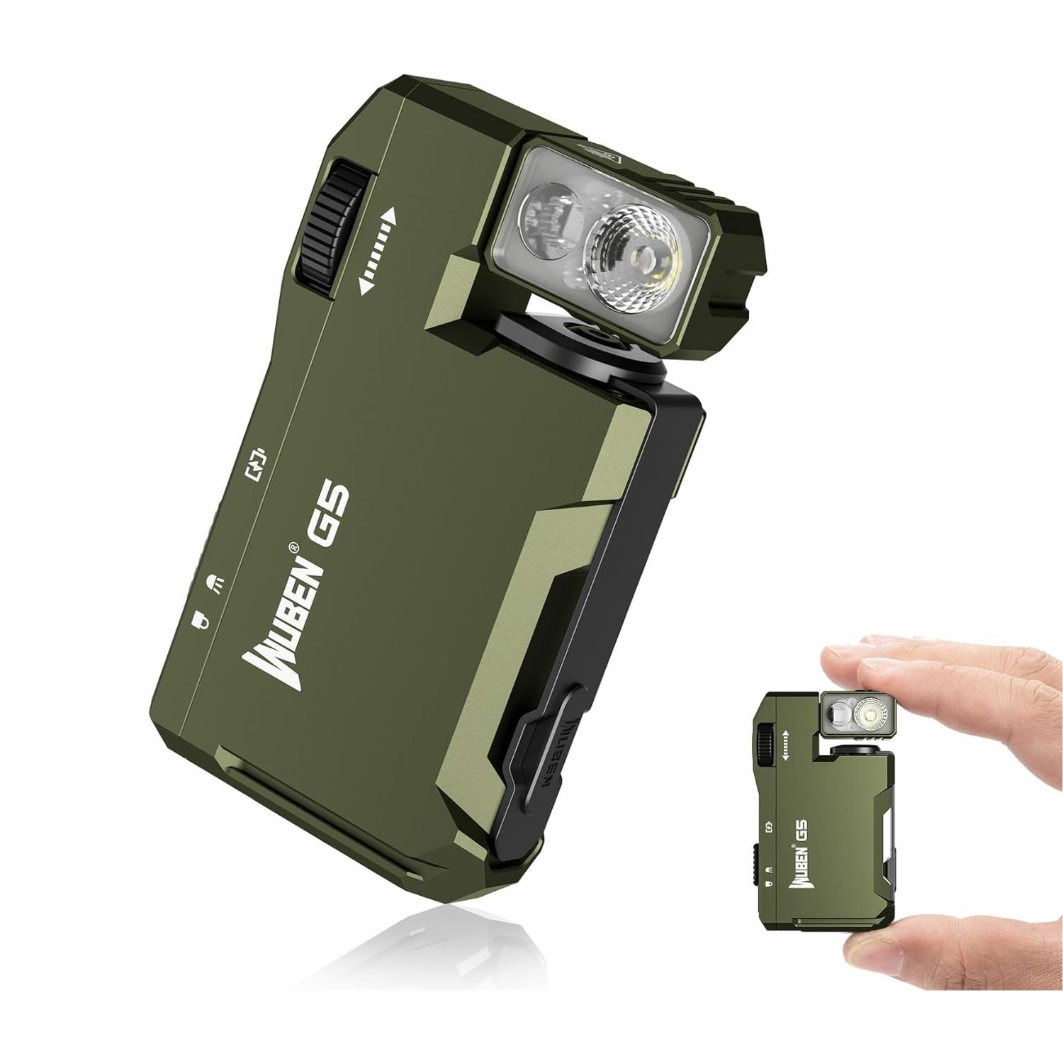 WUBEN Rechargeable Flashlight in military green with compact design, dual LED rotating head, shown in hand for size comparison