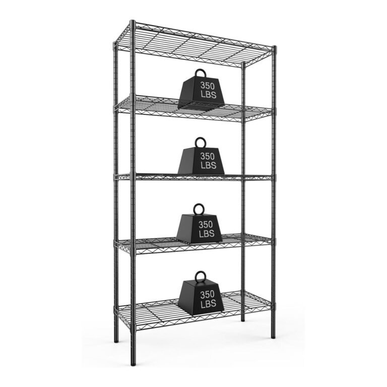 DUMOS shelving unit in black, five-tier wire design with 350 lbs weight capacity per shelf, ideal for kitchen, pantry, bathroom, or office storage