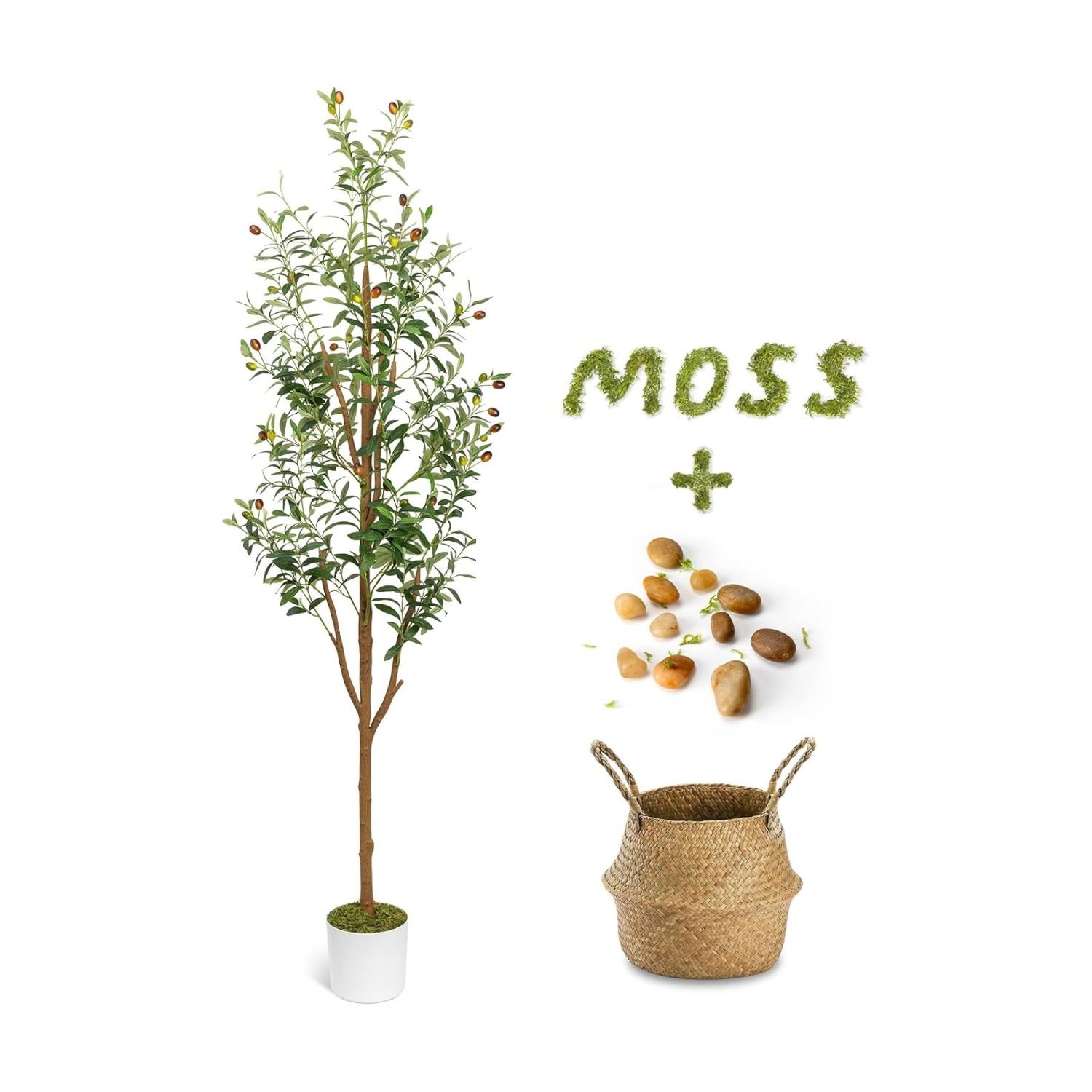 LuceAlberi Artificial Olive Tree Review – 6 Remarkably Realistic & Stylish Faux Olive Trees 1 Six-foot LuceAlberi artificial olive tree with green leaves and brown olives in white pot, shown with woven basket, moss, and pebbles