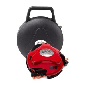 Red Grillbot grill cleaning robot with three orange brush heads and black protective carrying case for effortless grill maintenance