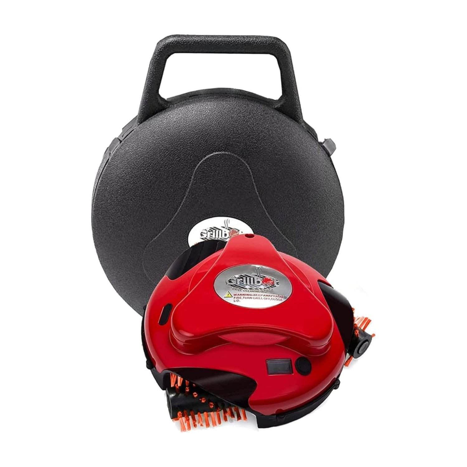 Red Grillbot grill cleaning robot with three orange brush heads and black protective carrying case for effortless grill maintenance