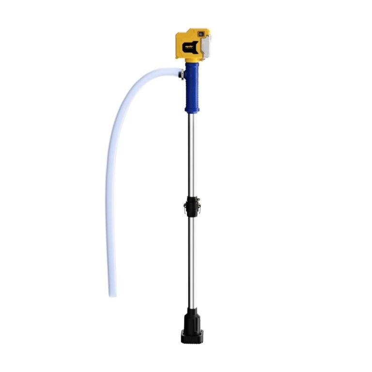 Cordless Water Transfer Pump Review – Powerful 720 GPH Stick Pump for Pools, Gardens & Ponds 1 Yellow and blue cordless water transfer pump with telescoping steel tube, clear hose, pumping water outdoors with 20 V battery