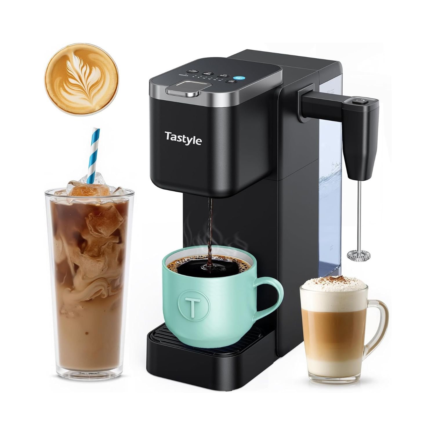 Tastyle Single-Serve Coffee Maker Review – 6 Remarkably Versatile & Convenient Coffee Brewing Options 1 Black Tastyle single-serve coffee maker with milk frother brewing into mint cup, shown with iced latte and cappuccino beverages