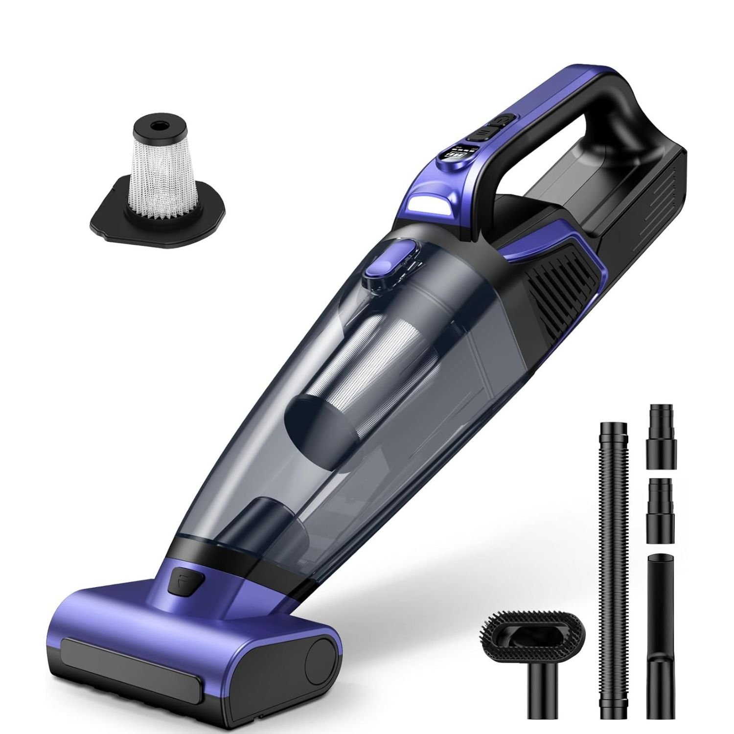 Best Pet Hair Handheld Vacuum Review – Powerful 20,000 PA Suction with Motorized Brush 1 Purple and black cordless pet hair handheld vacuum with motorized brush cleaning floor near golden retriever dog on pet bed