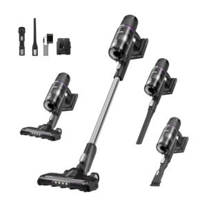 Dark gray cordless vacuum cleaner stick with purple accents showing three configurations, LED floor brush, and four attachments
