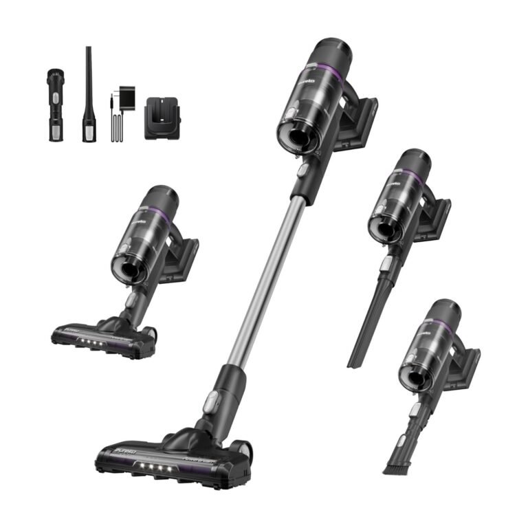 Ultimate Eureka Cordless Vacuum Cleaner Review – ReactiClean 410 for Pet Hair & Hardwood Floors 3 Dark gray cordless vacuum cleaner stick with purple accents showing three configurations, LED floor brush, and four attachments