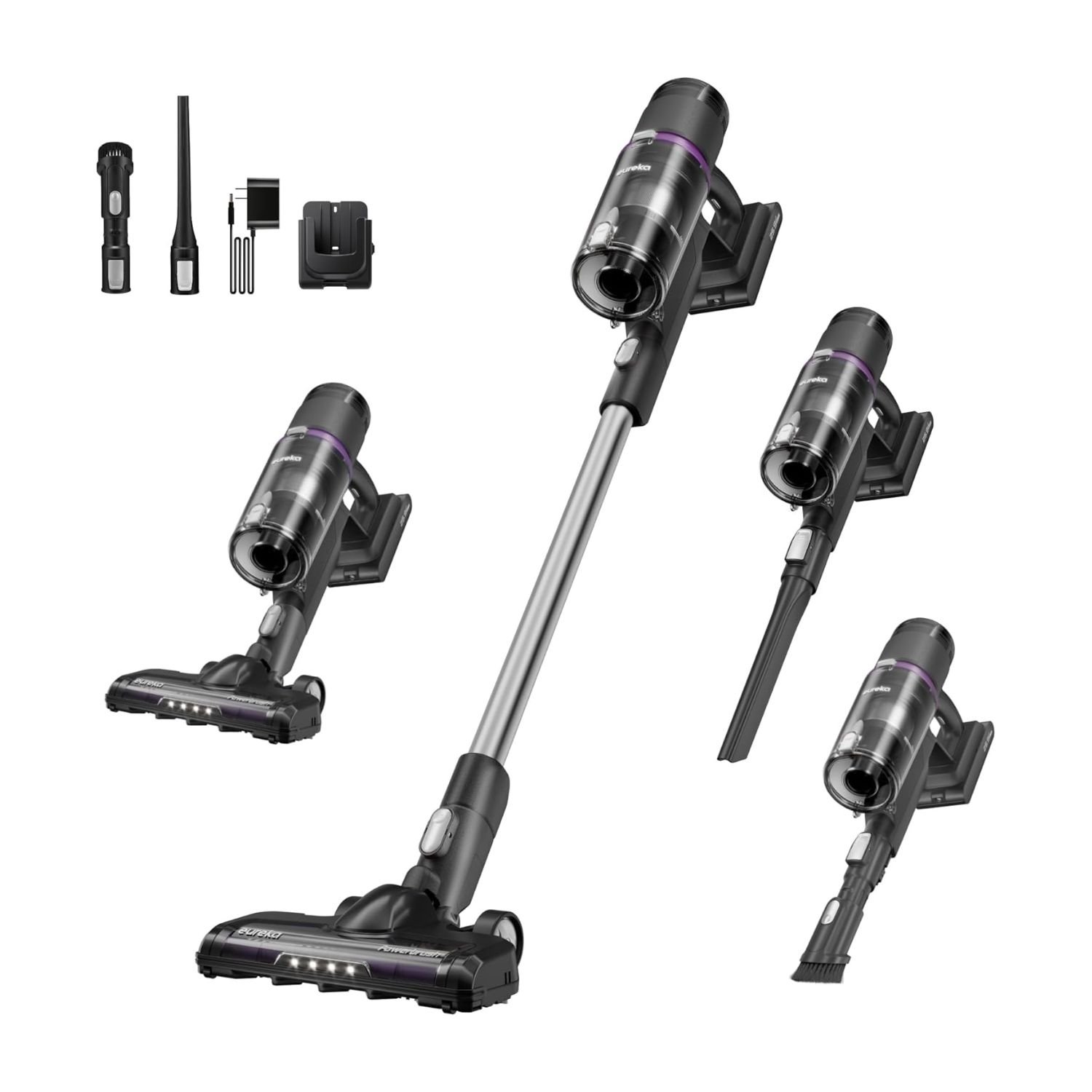 Ultimate Eureka Cordless Vacuum Cleaner Review – ReactiClean 410 for Pet Hair & Hardwood Floors 1 Dark gray cordless vacuum cleaner stick with purple accents showing three configurations, LED floor brush, and four attachments