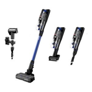 FurFinder Cordless Vacuum in blue and black with LED display, transparent dust cup, and six attachment tools