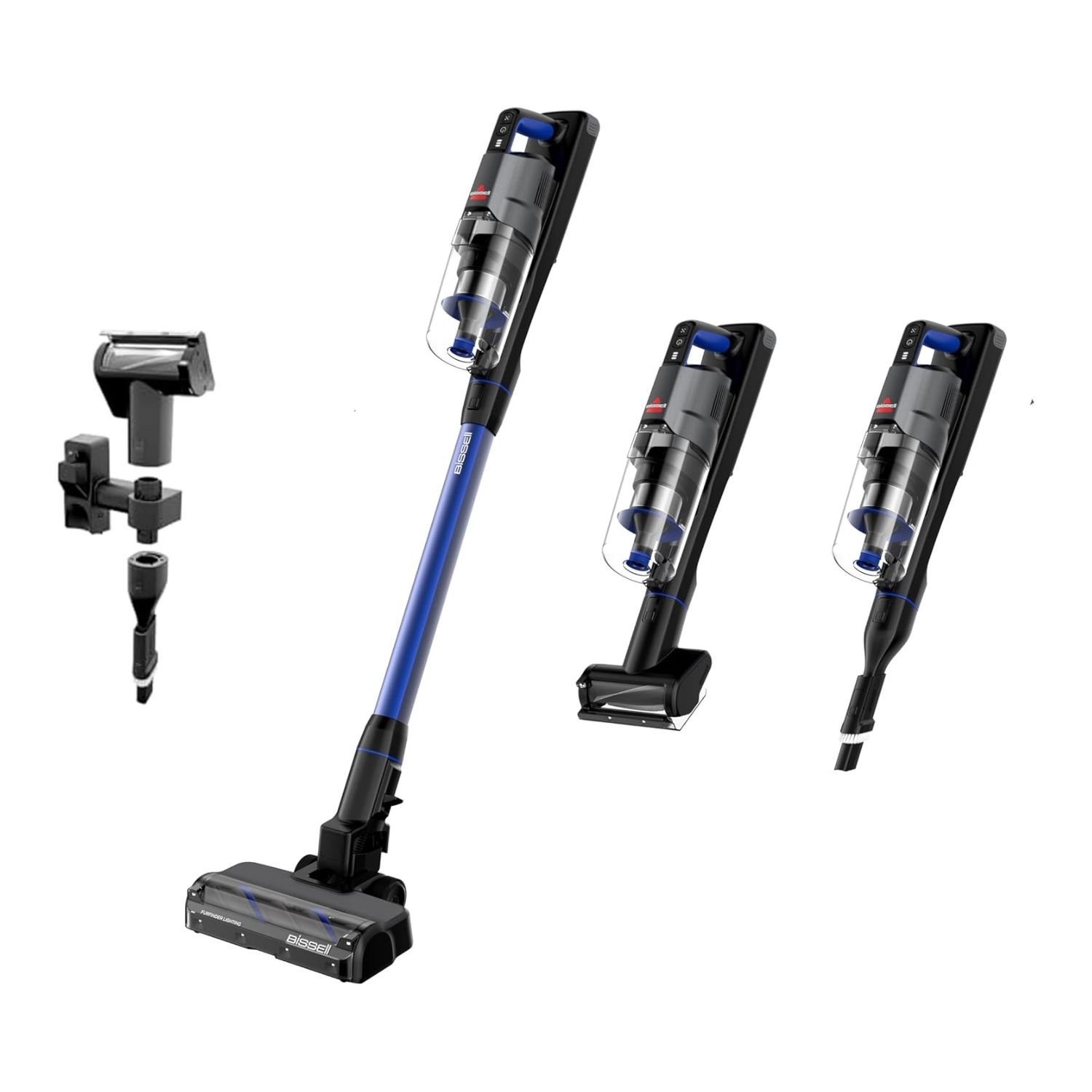 FurFinder Cordless Vacuum in blue and black with LED display, transparent dust cup, and six attachment tools