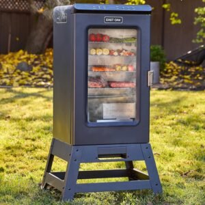 Navy blue EAST OAK electric smoker with glass window showing smoking food on racks, digital controls, and smoke