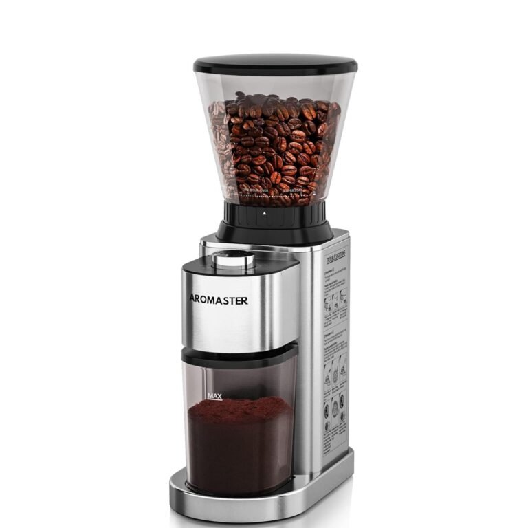 Stainless steel Aromaster coffee grinder with transparent hopper for whole beans and ground coffee collection container