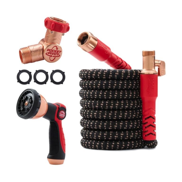 Black Pocket Hose expandable garden hose coiled with copper shut-off valve, elbow connector, spray nozzle, and rubber washers