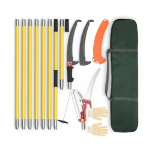 LETYANGER pole saw and pruner complete tree trimming kit with yellow telescoping poles, saw blades, pruners, gloves, and green carry bag