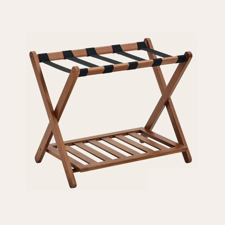 Brown walnut bamboo luggage racks with black fabric straps and lower wooden shelf for suitcase and shoe storage