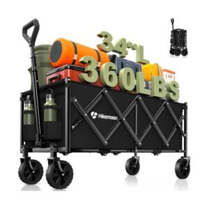 Black Hikemoon collapsible wagon with steel frame, side pockets, telescoping handle, all-terrain wheels, loaded with gear for easy transport