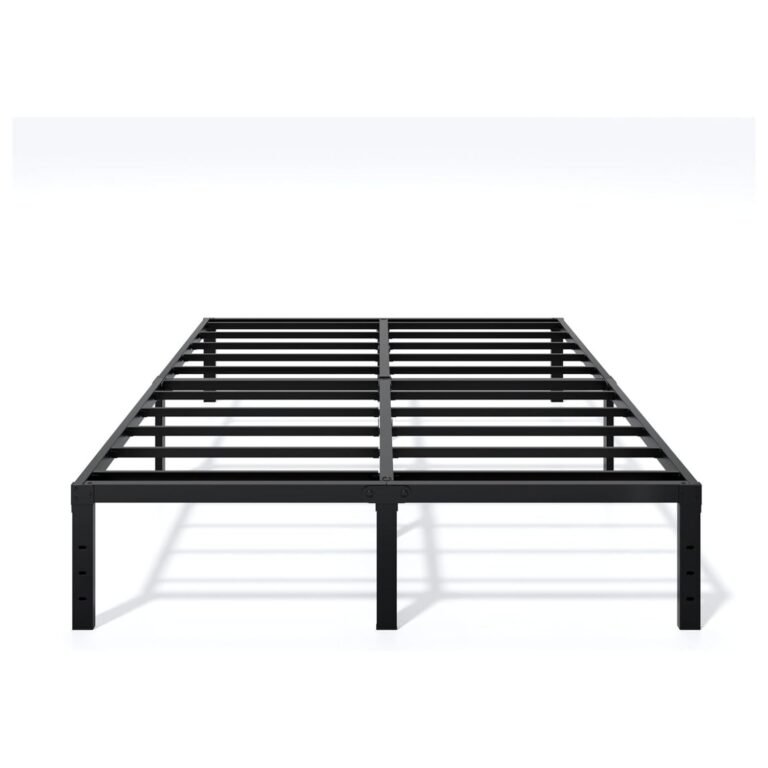 Black LUMUNANCE metal bed frame with horizontal steel slat support system and 14-inch elevated height on white background