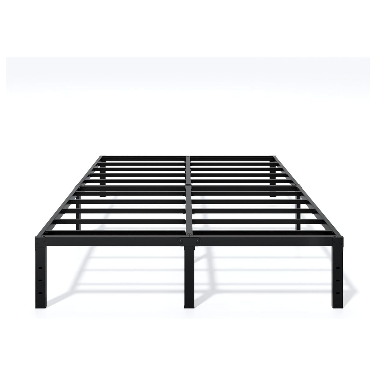 Black LUMUNANCE metal bed frame with horizontal steel slat support system and 14-inch elevated height on white background