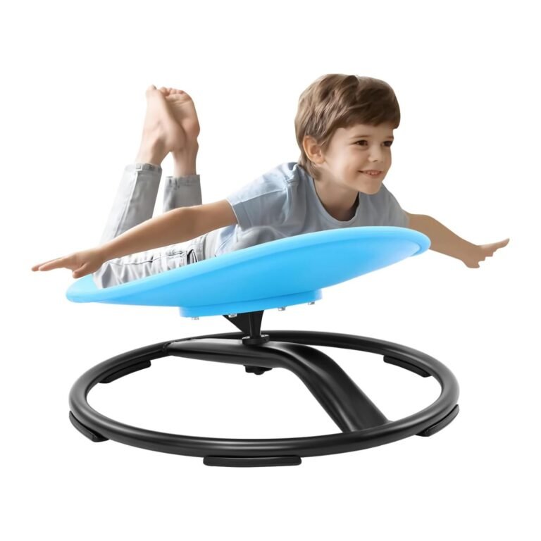 Zhenx spinning chair in bright blue with black base, child demonstrating balance in airplane pose on 360° sensory swivel seat