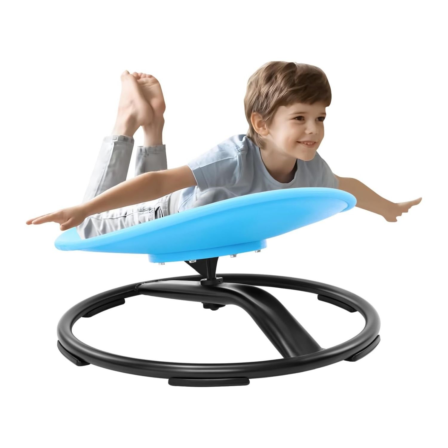 Zhenx Spinning Chair Review – Fun 360° Sensory Swivel Seat for Kids & Teens 1 Zhenx spinning chair in bright blue with black base, child demonstrating balance in airplane pose on 360° sensory swivel seat