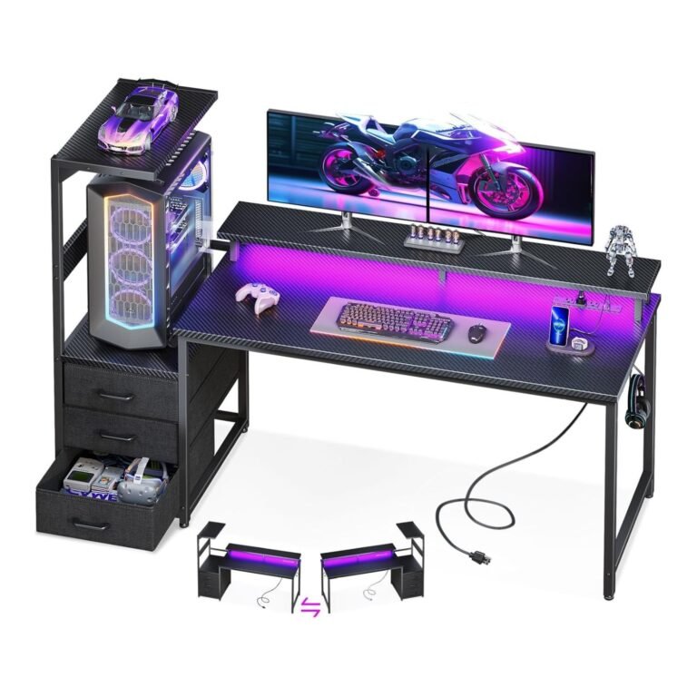 Ultimate AODK 59″ Gaming Desk with USB Charging – LED, Storage & Power Hub 6 Black AODK 59″ gaming desk with USB charging, LED strip, reversible shelf, and fabric drawers in modern home office