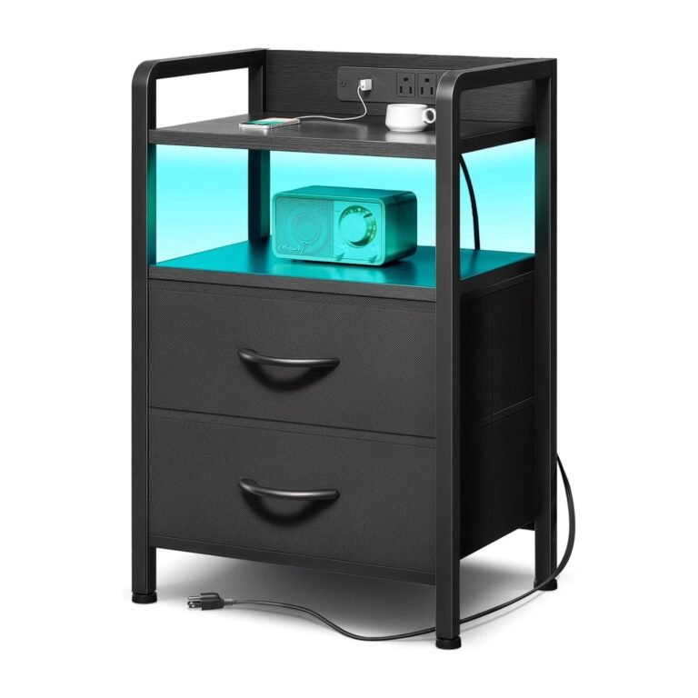 Ultimate Lazzanto Nightstand with Charging Station Review – 4-Port Modern Bedside Table with LED & USB 4 Black nightstand with charging station featuring turquoise LED shelf, two fabric drawers, built-in USB outlets, and turquoise radio