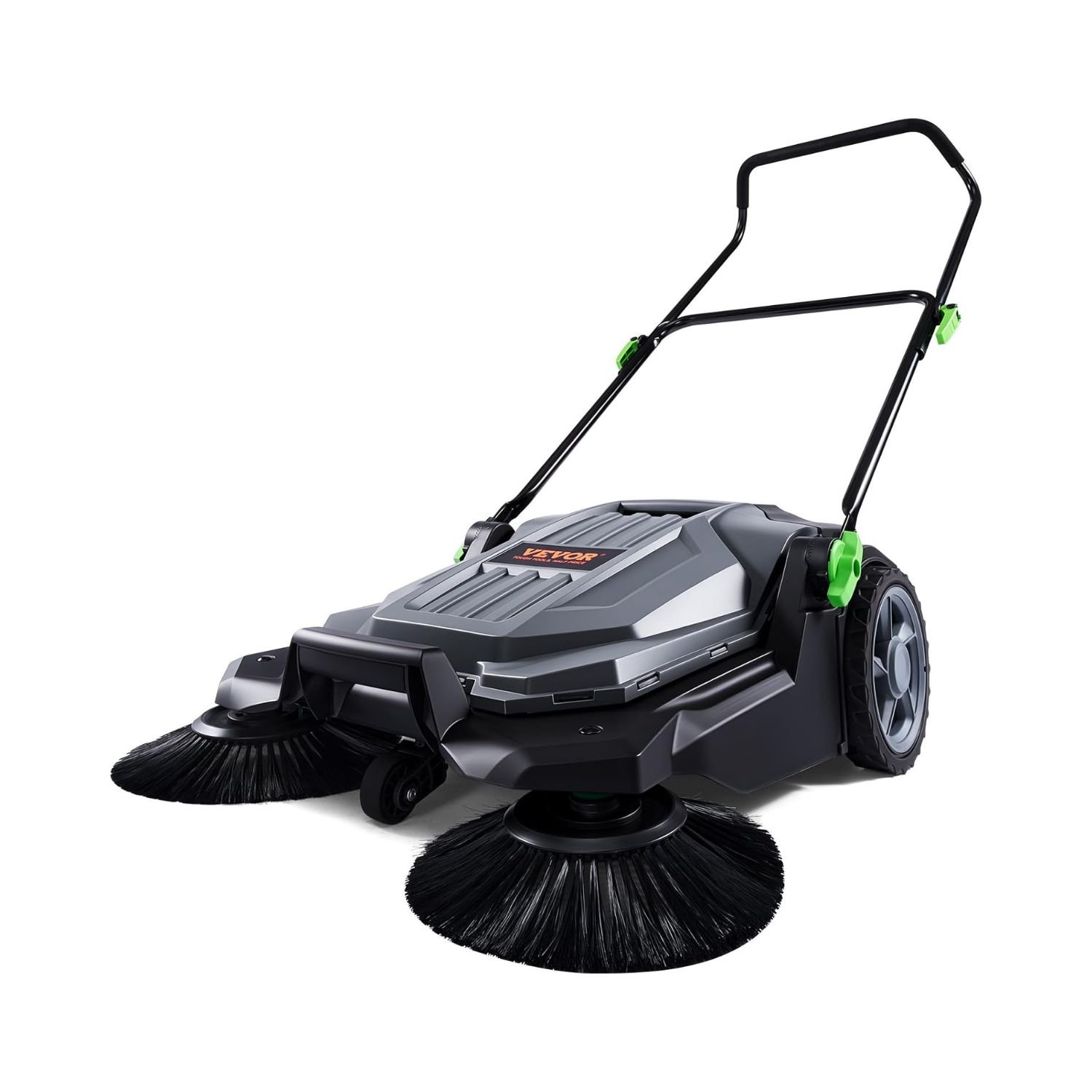 VEVOR Walk-Behind Floor Sweeper Review – 5 Remarkably Efficient & Powerful Manual Cleaning Solutions 1 Grey and black VEVOR walk-behind floor sweeper with dual rotating brushes and ergonomic handle for warehouse cleaning