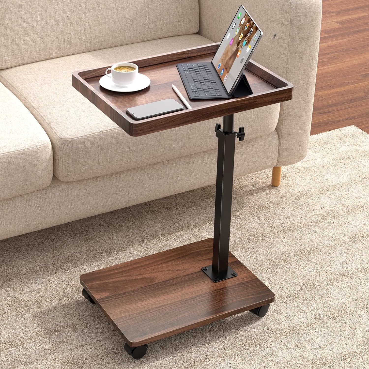 Ultimate Adjustable C-Table End Table Review – 360° Swivel, Rolling & Compact 1 Walnut rolling adjustable C-table end table with height-adjustable pole, 360° swivel top, coffee cup, tablet, laptop, and beige sofa