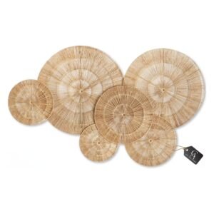 Natural woven jute wall baskets styled as seven overlapping circular discs in boho décor