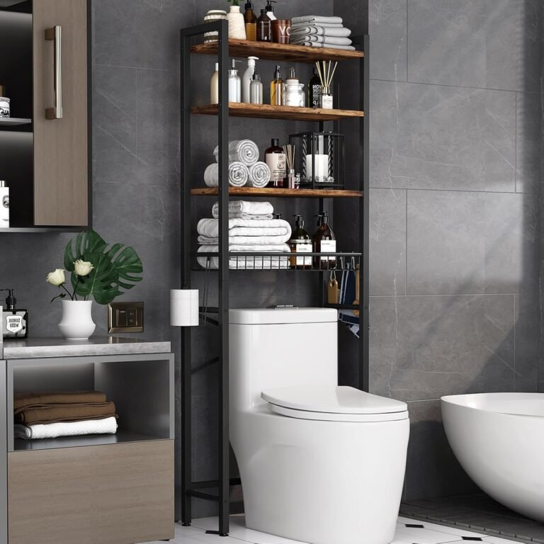 Over-The-Toilet Storage Rack Review – 4 Remarkably Practical & Space-Saving Bathroom Shelves 3 Black metal and wood over-the-toilet storage rack with four shelves holding towels and toiletries in modern grey bathroom