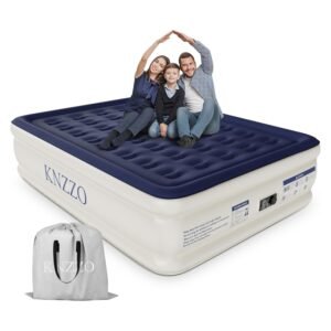 Navy blue and beige elevated queen inflatable air mattress with built-in pump shown with family sitting on top and gray storage bag